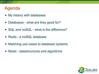 Agenda
● My history with databases
● Databases - what are they good for?
● SQL and noSQL - what is the difference?
● Redis...