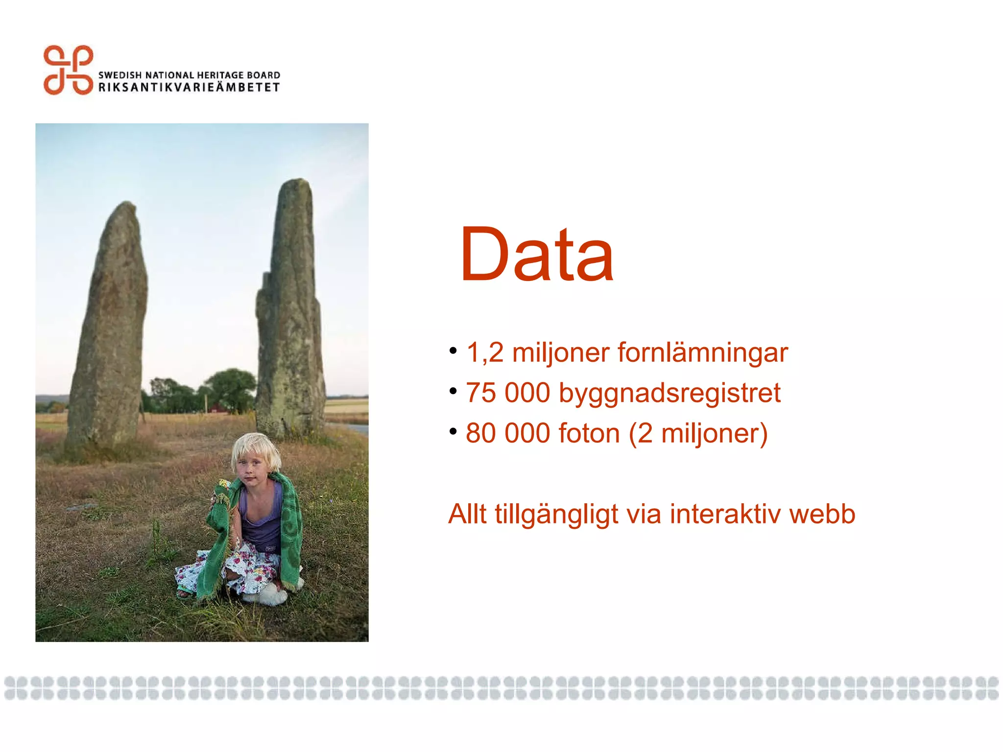 Data 1,2 miljoner fornlämningar 75 000 byggnadsregistret 80 000 foton (2 miljoner) Allt tillgängligt via interaktiv webb 