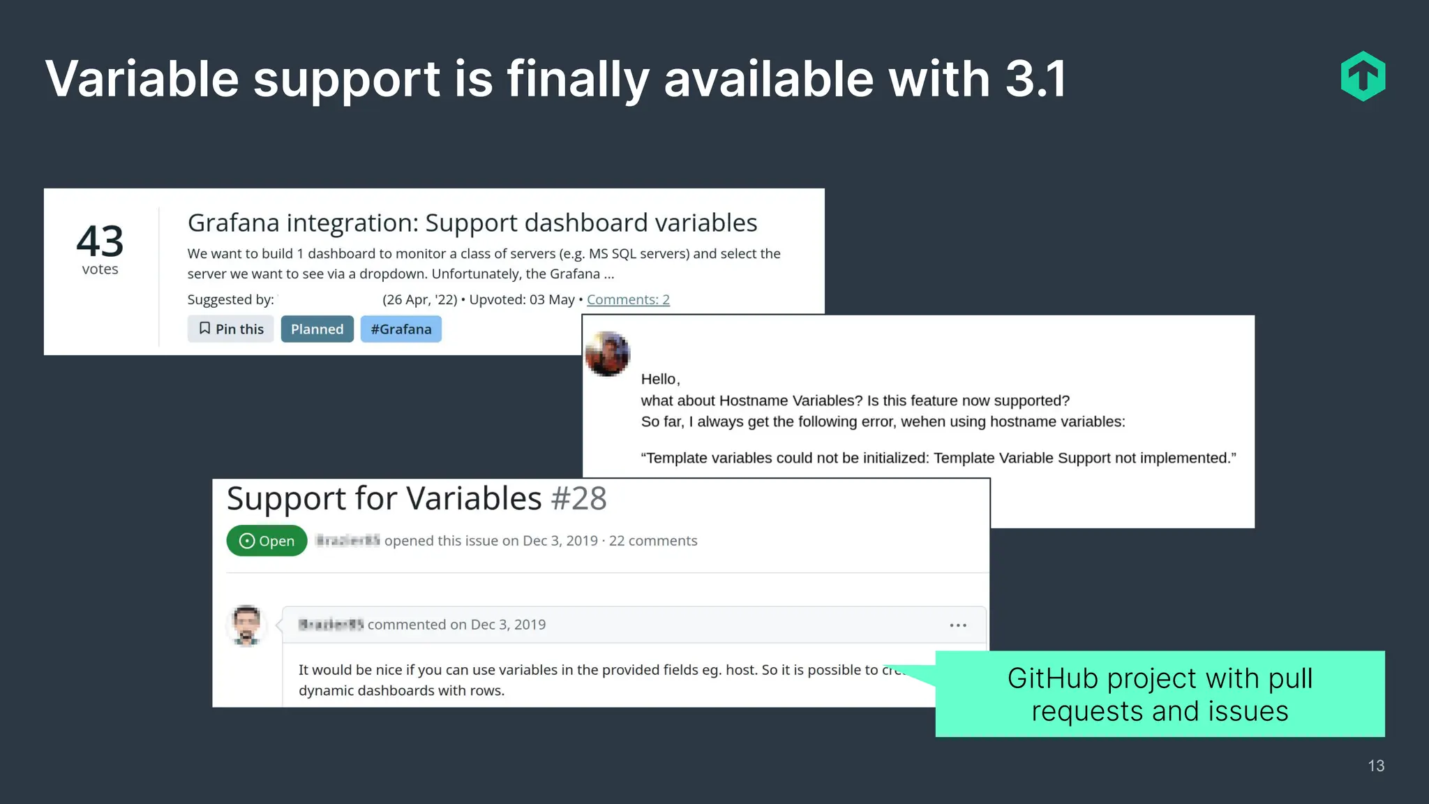 Variable support is finally available with 3.1
13
GitHub project with pull
requests and issues
 