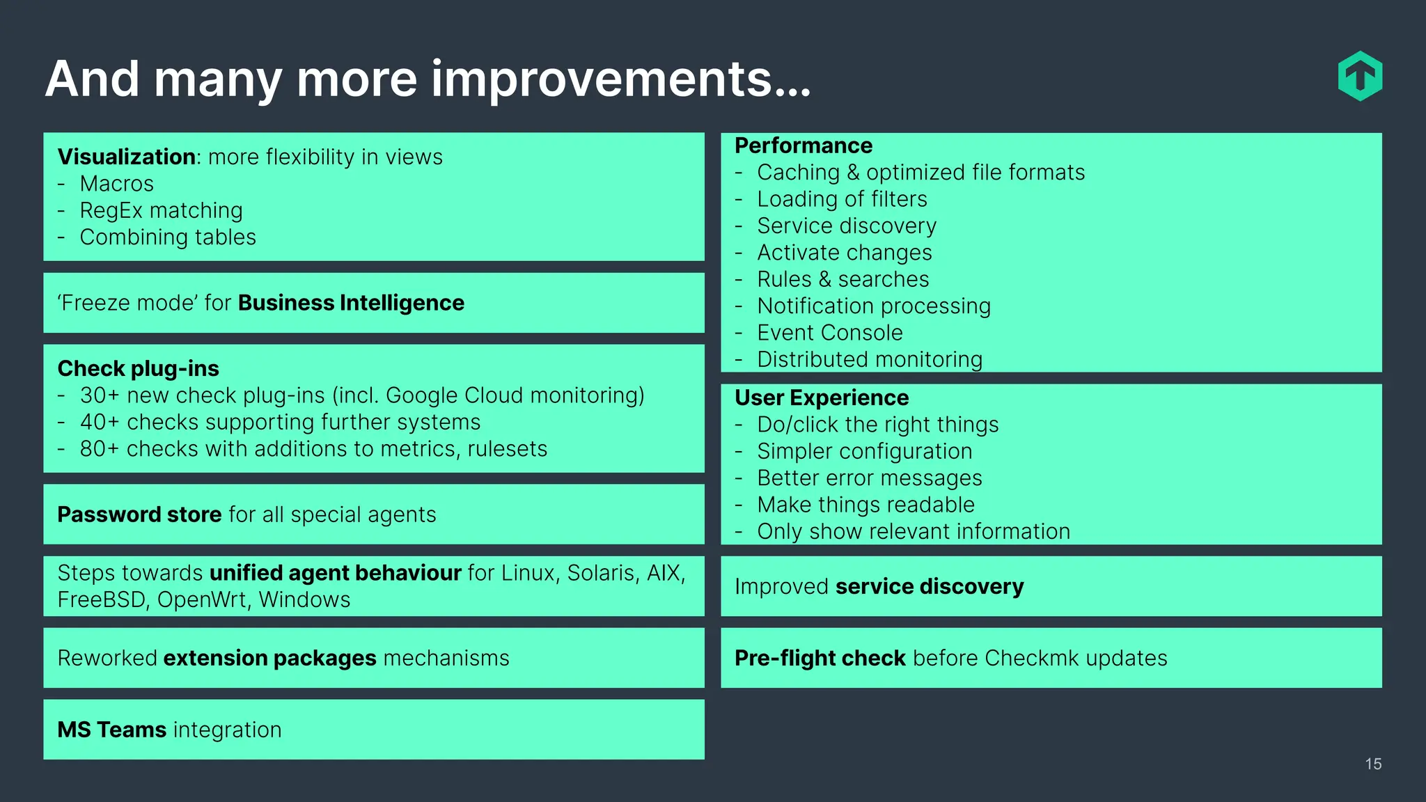 User Experience
- Do/click the right things
- Simpler configuration
- Better error messages
- Make things readable
- Only show relevant information
15
And many more improvements…
Visualization: more flexibility in views
- Macros
- RegEx matching
- Combining tables
‘Freeze mode’ for Business Intelligence
Performance
- Caching & optimized file formats
- Loading of filters
- Service discovery
- Activate changes
- Rules & searches
- Notification processing
- Event Console
- Distributed monitoring
Check plug-ins
- 30+ new check plug-ins (incl. Google Cloud monitoring)
- 40+ checks supporting further systems
- 80+ checks with additions to metrics, rulesets
Password store for all special agents
Steps towards unified agent behaviour for Linux, Solaris, AIX,
FreeBSD, OpenWrt, Windows
Reworked extension packages mechanisms Pre-flight check before Checkmk updates
Improved service discovery
MS Teams integration
 