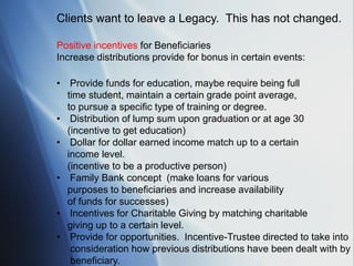 Clients want to leave a Legacy. This has not changed.
Positive incentives for Beneficiaries
Increase distributions provide for bonus in certain events:
• Provide funds for education, maybe require being full
time student, maintain a certain grade point average,
to pursue a specific type of training or degree.
• Distribution of lump sum upon graduation or at age 30
(incentive to get education)
• Dollar for dollar earned income match up to a certain
income level.
(incentive to be a productive person)
• Family Bank concept (make loans for various
purposes to beneficiaries and increase availability
of funds for successes)
• Incentives for Charitable Giving by matching charitable
giving up to a certain level.
• Provide for opportunities. Incentive-Trustee directed to take into
consideration how previous distributions have been dealt with by
beneficiary.
 
