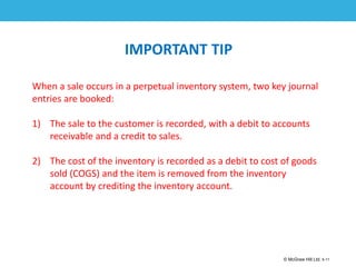 1-11
© McGraw Hill Ltd. 5-11
© McGraw-Hill Education. All rights reserved. Authorized only for instructor use in the classroom. No
reproduction or further distribution permitted without the prior written consent of McGraw-Hill
Education.
IMPORTANT TIP
When a sale occurs in a perpetual inventory system, two key journal
entries are booked:
1) The sale to the customer is recorded, with a debit to accounts
receivable and a credit to sales.
2) The cost of the inventory is recorded as a debit to cost of goods
sold (COGS) and the item is removed from the inventory
account by crediting the inventory account.
 