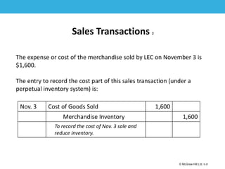 1-31
© McGraw Hill Ltd. 5-31
© McGraw-Hill Education. All rights reserved. Authorized only for instructor use in the classroom. No
reproduction or further distribution permitted without the prior written consent of McGraw-Hill
Education.
Sales Transactions 2
The expense or cost of the merchandise sold by LEC on November 3 is
$1,600.
The entry to record the cost part of this sales transaction (under a
perpetual inventory system) is:
Nov. 3 Cost of Goods Sold 1,600
Merchandise Inventory 1,600
To record the cost of Nov. 3 sale and
reduce inventory.
 