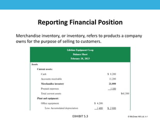 1-7
© McGraw Hill Ltd. 5-7
© McGraw-Hill Education. All rights reserved. Authorized only for instructor use in the classroom. No
reproduction or further distribution permitted without the prior written consent of McGraw-Hill
Education.
Reporting Financial Position
Merchandise inventory, or inventory, refers to products a company
owns for the purpose of selling to customers.
EXHIBIT 5.3
 
