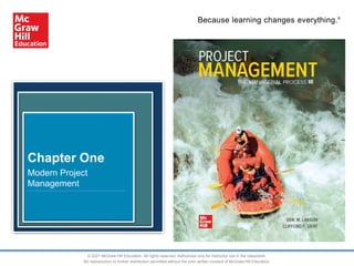 Because learning changes everything.®
Chapter One
Modern Project
Management
© 2021 McGraw-Hill Education. All rights reserved. Authorized only for instructor use in the classroom.
No reproduction or further distribution permitted without the prior written consent of McGraw-Hill Education.
 