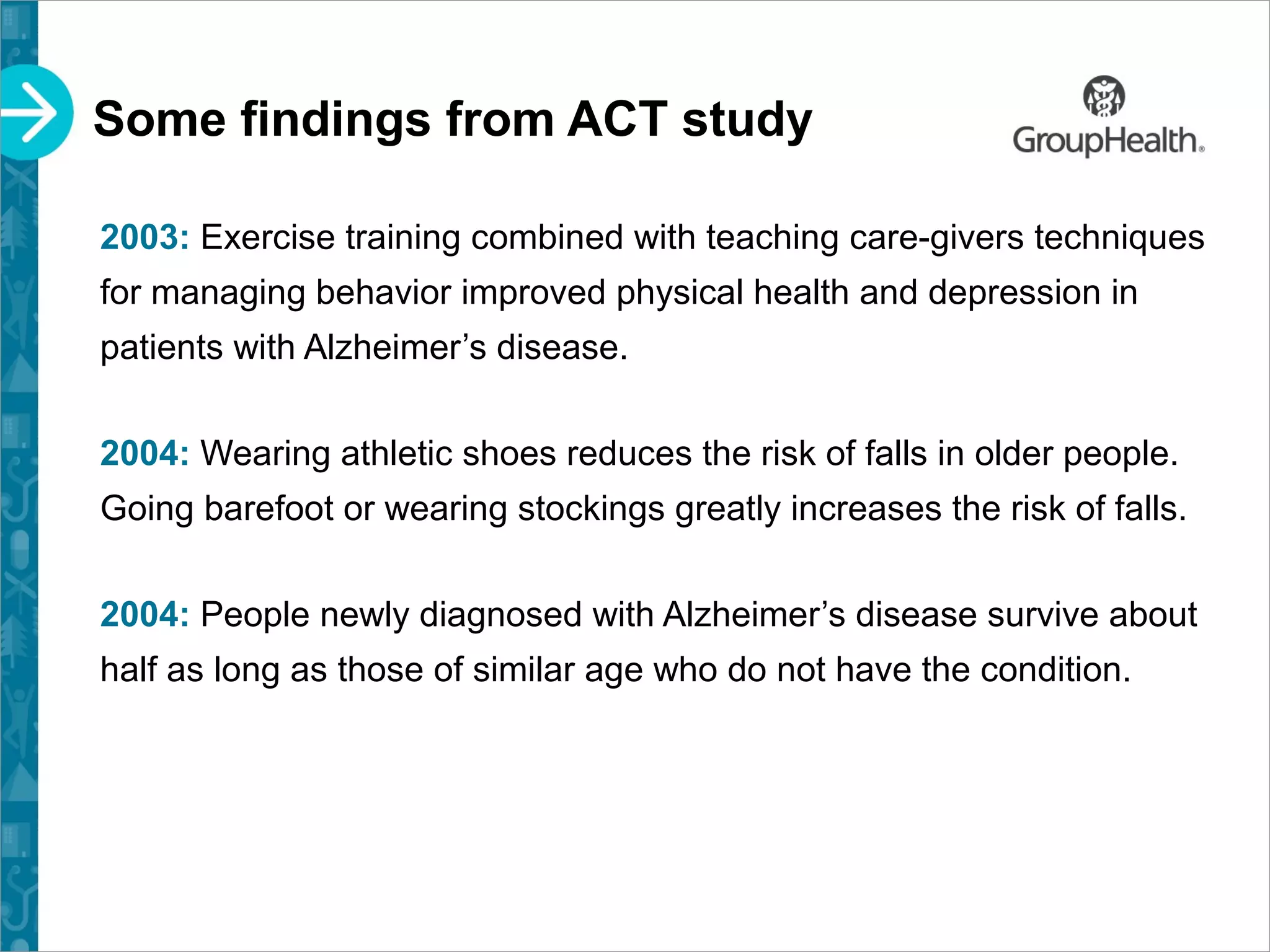 Some findings from ACT study
2003: Exercise training combined with teaching care-givers techniques
for managing behavior improved physical health and depression in
patients with Alzheimer’s disease.
2004: Wearing athletic shoes reduces the risk of falls in older people.
Going barefoot or wearing stockings greatly increases the risk of falls.
2004: People newly diagnosed with Alzheimer’s disease survive about
half as long as those of similar age who do not have the condition.
 