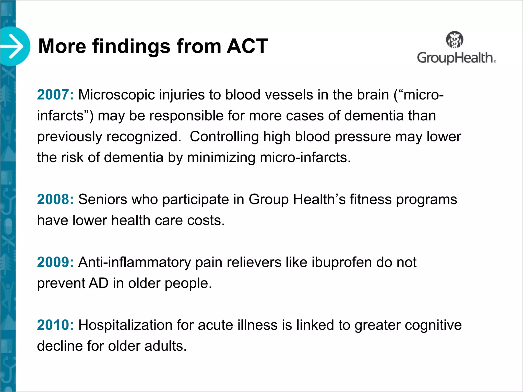 More findings from ACT
2007: Microscopic injuries to blood vessels in the brain (“micro-
infarcts”) may be responsible for more cases of dementia than
previously recognized. Controlling high blood pressure may lower
the risk of dementia by minimizing micro-infarcts.
2008: Seniors who participate in Group Health’s fitness programs
have lower health care costs.
2009: Anti-inflammatory pain relievers like ibuprofen do not
prevent AD in older people.
2010: Hospitalization for acute illness is linked to greater cognitive
decline for older adults.
 