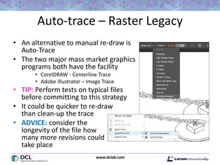 www.dclab.com
Auto-trace – Raster Legacy
• An alternative to manual re-draw is
Auto-Trace
• The two major mass market graphics
programs both have the facility
• CorelDRAW - Centerline Trace
• Adobe Illustrator – Image Trace
• TIP: Perform tests on typical files
before committing to this strategy
• It could be quicker to re-draw
than clean-up the trace
• ADVICE: consider the
longevity of the file how
many more revisions could
take place
20
 