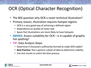 www.dclab.com
OCR (Optical Character Recognition)
• The BIG question why OCR a raster technical illustration?
• Primary reason, illustration requires hotspot regions
• OCR is a very good way of achieving a defined region
• Dependency on quality of raster text
• Spare Part illustrations are more likely to have hotspots
• ADVICE: Assess suitability for OCR – is it capable of graphic
hot spotting?
• TIP: Data Analysis Steps:
• Determine if characters sufficiently formed to make OCR viable?
• Best Practice: Test a generic subset of data to determine viability
• Use test results to select the best process
25
 