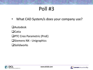 www.dclab.com
Poll #3
• What CAD System/s does your company use?
Autodesk
Catia
PTC Creo Parametric (ProE)
Siemens NX - Unigraphics
Solidworks
31
 