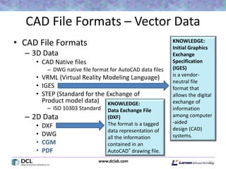www.dclab.com
CAD File Formats – Vector Data
• CAD File Formats
– 3D Data
• CAD Native files
– DWG native file format for AutoCAD data files
• VRML (Virtual Reality Modeling Language)
• IGES
• STEP (Standard for the Exchange of
Product model data)
– ISO 10303 Standard
– 2D Data
• DXF
• DWG
• CGM
• PDF
32
KNOWLEDGE:
Initial Graphics
Exchange
Specification
(IGES)
is a vendor-
neutral file
format that
allows the digital
exchange of
information
among computer
-aided
design (CAD)
systems.
KNOWLEDGE:
Data Exchange File
(DXF)
The format is a tagged
data representation of
all the information
contained in an
AutoCAD® drawing file.
 