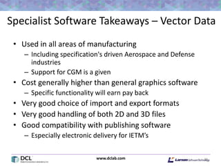 www.dclab.com
Specialist Software Takeaways – Vector Data
• Used in all areas of manufacturing
– Including specification's driven Aerospace and Defense
industries
– Support for CGM is a given
• Cost generally higher than general graphics software
– Specific functionality will earn pay back
• Very good choice of import and export formats
• Very good handling of both 2D and 3D files
• Good compatibility with publishing software
– Especially electronic delivery for IETM’s
39
 
