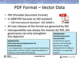 www.dclab.com
PDF Format – Vector Data
• PDF (Portable Document Format)
• In 2008 PDF became an ISO standard
– ISO International Standard - ISO 32000-1
• All new releases of the format are governed by ISO
• Interoperability was always the mission for PDF, ISO
governance can only strengthen
this objective
40
KNOWLEDGE:
Portable Document
Format (PDF)
A file format used to
present and exchange
documents reliably,
independent of software,
hardware, or operating
system.
KNOWLEDGE:
ISO (International Organization for
Standardization)
is an independent, non-governmental membership
organization and the world's largest developer of
voluntary International Standards.
 