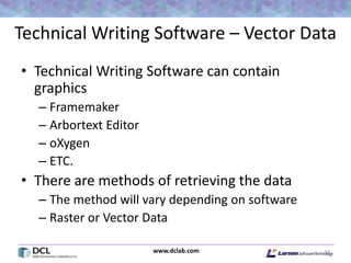 www.dclab.com
Technical Writing Software – Vector Data
• Technical Writing Software can contain
graphics
– Framemaker
– Arbortext Editor
– oXygen
– ETC.
• There are methods of retrieving the data
– The method will vary depending on software
– Raster or Vector Data
43
 