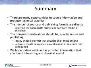 www.dclab.com
Summary
• There are many opportunities to source information and
produce technical graphics
• The number of source and publishing formats are diverse
– Selecting the appropriate format and software can be a
challenge
• The primary considerations should be, quality, re-use and
publishing
– Ideally choose a format that answers all of these criteria
– Software should be capable, a combination of solutions may
be required
• We hope todays webinar has provided information that
you found interesting and above all useful
45
 