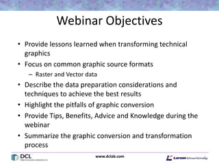 www.dclab.com
Webinar Objectives
• Provide lessons learned when transforming technical
graphics
• Focus on common graphic source formats
– Raster and Vector data
• Describe the data preparation considerations and
techniques to achieve the best results
• Highlight the pitfalls of graphic conversion
• Provide Tips, Benefits, Advice and Knowledge during the
webinar
• Summarize the graphic conversion and transformation
process
7
 