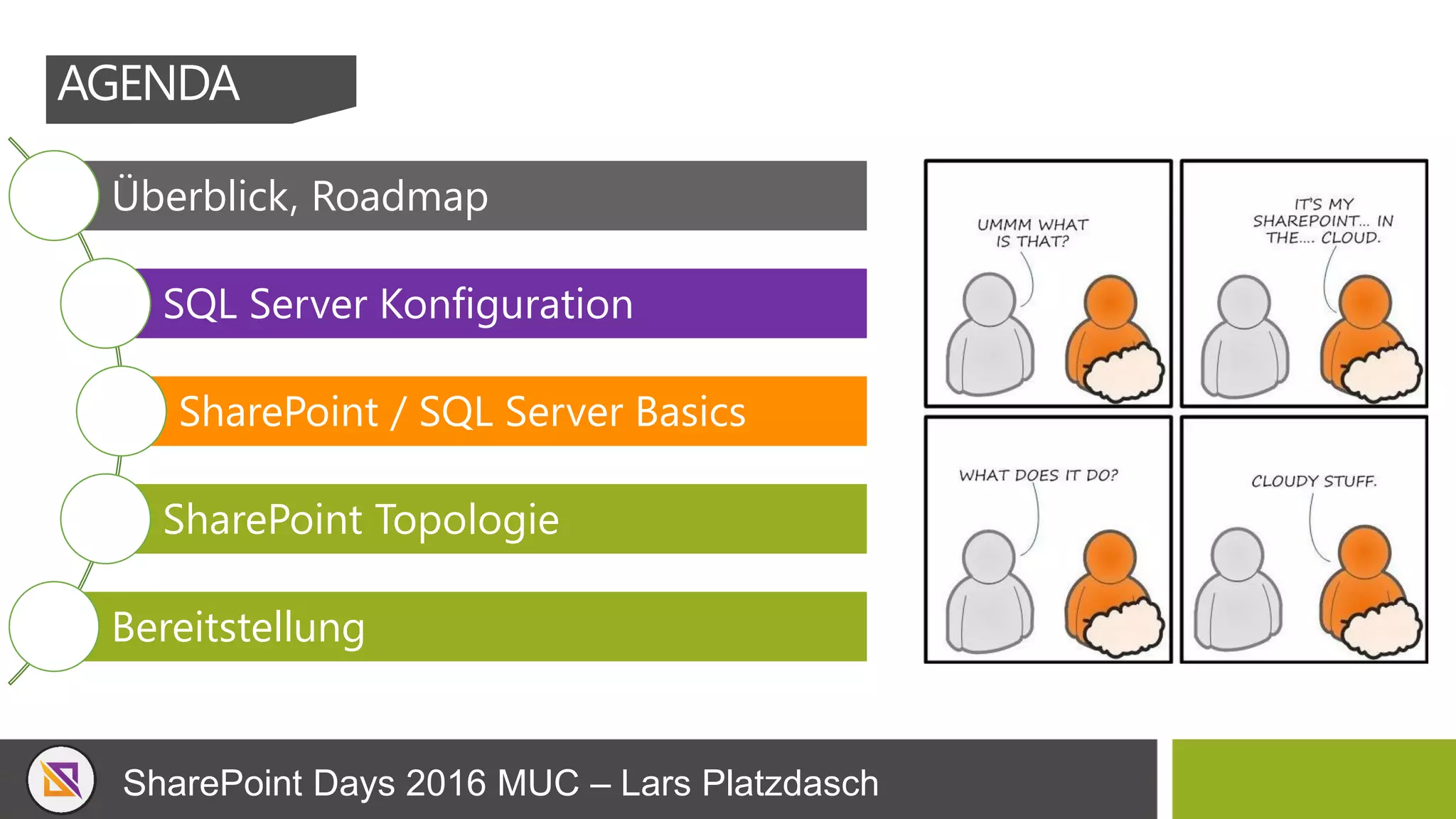 SharePoint Days 2016 MUC – Lars Platzdasch
Überblick, Roadmap
SQL Server Konfiguration
SharePoint / SQL Server Basics
SharePoint Topologie
Bereitstellung
AGENDA
 