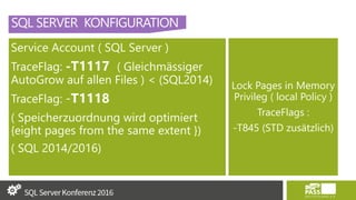 SQL SERVER KONFIGURATION
Service Account ( SQL Server )
TraceFlag: -T1117 ( Gleichmässiger
AutoGrow auf allen Files ) < (SQL2014)
TraceFlag: -T1118
( Speicherzuordnung wird optimiert
{eight pages from the same extent })
( SQL 2014/2016)
Lock Pages in Memory
Privileg ( local Policy )
TraceFlags :
-T845 (STD zusätzlich)
 