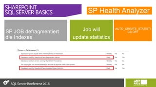 SP Health Analyzer
SP JOB defragmentiert
die Indexes
Job will
update statistics
AUTO_CREATE_STATISTI
CS OFF
SHAREPOINT
SQL SERVER BASICS
 