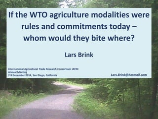 If the WTO agriculture modalities were rules and commitments today – 
whom would they bite where? 
Lars Brink 
International Agricultural Trade Research Consortium IATRC 
Annual Meeting 
7-9 December 2014, San Diego, California 
Lars.Brink@hotmail.com  