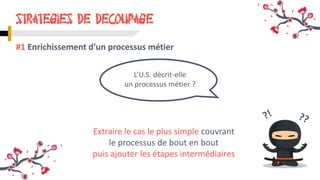 STRATEGIES DE DECOUPAGE
#1 Enrichissement d’un processus métier
L’U.S. décrit-elle
un processus métier ?
Extraire le cas le plus simple couvrant
le processus de bout en bout
puis ajouter les étapes intermédiaires
 