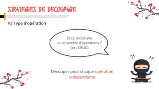 STRATEGIES DE DECOUPAGE
#2 Type d’opération
L’U.S. inclut-elle
un ensemble d’opérations ?
(ex : CRUD)
Découper pour chaque opération
indépendante
 