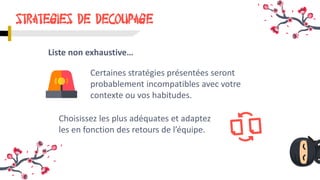 STRATEGIES DE DECOUPAGE
Certaines stratégies présentées seront
probablement incompatibles avec votre
contexte ou vos habitudes.
Choisissez les plus adéquates et adaptez
les en fonction des retours de l’équipe.
Liste non exhaustive…
 