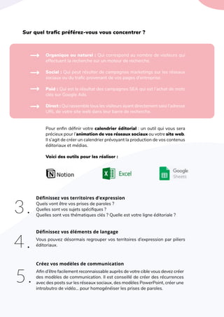 L'art de créer une identité de marque
Sur quel trafic préférez-vous vous concentrer ?
Voici des outils pour les réaliser :
Pour enfin définir votre calendrier éditorial : un outil qui vous sera
précieux pour l’animation de vos réseaux sociaux ou votre site web.
Il s’agit de créer un calendrier prévoyant la production de vos contenus
éditoriaux et médias.
3. Quels vont être vos prises de paroles ?
Quelles sont vos sujets spécifiques ?
Quelles sont vos thématiques clés ? Quelle est votre ligne éditoriale ?
Définissez vos territoires d’expression
4. Vous pouvez désormais regrouper vos territoires d’expression par piliers
éditoriaux.
Définissez vos éléments de langage
5.
Afin d’être facilement reconnaissable auprès de votre cible vous devez créer
des modèles de communication. Il est conseillé de créer des récurrences
avec des posts sur les réseaux sociaux, des modèles PowerPoint, créer une
intro/outro de vidéo… pour homogénéiser les prises de paroles.
Créez vos modèles de communication
Organique ou naturel : Qui correspond au nombre de visiteurs qui
effectuent la recherche sur un moteur de recherche.
Social : Qui peut résulter de campagnes marketings sur les réseaux
sociaux ou du trafic provenant de vos pages d’entreprise.
Paid : Qui est le résultat des campagnes SEA qui est l’achat de mots
clés sur Google Ads.
Direct : Qui rassemble tous les visiteurs ayant directement saisi l’adresse
URL de votre site web dans leur barre de recherche.
 