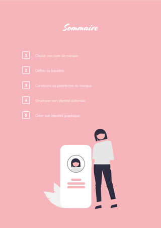 L'art de créer une identité de marque
Sommaire
Choisir son nom de marque
Définir sa baseline
Construire sa plateforme de marque
Structurer son identité éditoriale
Créer son identité graphique
1
2
3
4
5
 