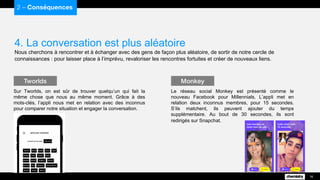4. La conversation est plus aléatoire
Nous cherchons à rencontrer et à échanger avec des gens de façon plus aléatoire, de sortir de notre cercle de
connaissances : pour laisser place à l’imprévu, revaloriser les rencontres fortuites et créer de nouveaux liens.
2 – Conséquences
16
Sur Tworlds, on est sûr de trouver quelqu’un qui fait la
même chose que nous au même moment. Grâce à des
mots-clés, l’appli nous met en relation avec des inconnus
pour comparer notre situation et engager la conversation.
Tworlds
Le réseau social Monkey est présenté comme le
nouveau Facebook pour Millennials. L’appli met en
relation deux inconnus membres, pour 15 secondes.
S’ils matchent, ils peuvent ajouter du temps
supplémentaire. Au bout de 30 secondes, ils sont
redirigés sur Snapchat.
Monkey
 