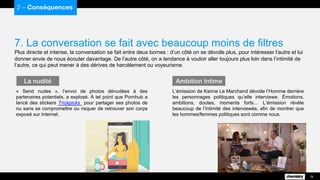 « Send nudes », l’envoi de photos dénudées à des
partenaires potentiels, a explosé. À tel point que Pornhub a
lancé des stickers Trickpicks pour partager ses photos de
nu sans se compromettre ou risquer de retrouver son corps
exposé sur Internet.
La nudité
7. La conversation se fait avec beaucoup moins de filtres
Plus directe et intense, la conversation se fait entre deux bornes : d’un côté on se dévoile plus, pour intéresser l’autre et lui
donner envie de nous écouter davantage. De l’autre côté, on a tendance à vouloir aller toujours plus loin dans l’intimité de
l’autre, ce qui peut mener à des dérives de harcèlement ou voyeurisme.
2 – Conséquences
19
L’émission de Karine Le Marchand dévoile l’Homme derrière
les personnages politiques qu’elle interviewe. Émotions,
ambitions, doutes, moments forts… L’émission révèle
beaucoup de l’intimité des interviewés, afin de montrer que
les hommes/femmes politiques sont comme nous.
Ambition Intime
 
