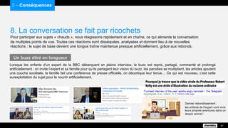 8. La conversation se fait par ricochets
Pour participer aux sujets « chauds », nous réagissons rapidement et en chaîne, ce qui alimente la conversation
de multiples points de vue. Toutes ces réactions sont disséquées, analysées et donnent lieu à de nouvelles
réactions : le sujet de base devient une longue traîne maintenue presque artificiellement, grâce aux rebonds.
2 – Conséquences
20
Lorsque les enfants d’un expert de la BBC débarquent en pleine interview, le buzz est repris, partagé, commenté et prolongé
artificiellement : on invite l’expert et sa famille pour qu’ils partagent leur vision du buzz, les parodies se multiplient, les articles ajoutent
une couche sociétale, la famille fait une conférence de presse officielle, on décortique leur tenue… Ce qui est nouveau, c’est cette
surexploitation du sujet pour le nourrir artificiellement.
Un buzz étiré en longueur
Dernier rebondissement :
les enfants de l'expert vont vivre
leurs propres aventures dans un
dessin animé !
 