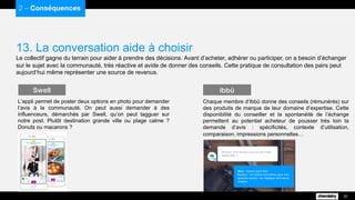 13. La conversation aide à choisir
Le collectif gagne du terrain pour aider à prendre des décisions. Avant d’acheter, adhérer ou participer, on a besoin d’échanger
sur le sujet avec la communauté, très réactive et avide de donner des conseils. Cette pratique de consultation des pairs peut
aujourd’hui même représenter une source de revenus.
2 – Conséquences
25
Chaque membre d’Ibbü donne des conseils (rémunérés) sur
des produits de marque de leur domaine d’expertise. Cette
disponibilité du conseiller et la spontanéité de l’échange
permettent au potentiel acheteur de pousser très loin la
demande d’avis : spécificités, contexte d’utilisation,
comparaison, impressions personnelles…
Ibbü
L’appli permet de poster deux options en photo pour demander
l’avis à la communauté. On peut aussi demander à des
influenceurs, démarchés par Swell, qu’on peut tagguer sur
notre post. Plutôt destination grande ville ou plage calme ?
Donuts ou macarons ?
Swell
 