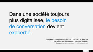 Dans une société toujours
plus digitalisée, le besoin
de conversation devient
exacerbé.
3
Les personnes passant plus de 2 heures par jour sur
Facebook se sentiraient 2 fois plus isolées.
Étude publiée dans L’American Journal of Preventive Medecine 2017
 