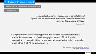 Constat IAdvize présenté lors du Web2Day
Sujet du colloque : « La conversation, futur du Web ? »
Lire l’article : http://bit.ly/28Oie0n
« Augmenter la satisfaction génère des ventes supplémentaires :
un site de e-commerce classique gagne entre 1 % et 2 % de
conversion. Lorsqu’il utilise du conversationnel le taux de conversion
passe alors à 20 % en moyenne. »
1 - 3 raisons d’y croire vraiment
Raison n°1 / La conversation au cœur de tout
7
Illustrations
Les applications de « messenging » comptabilisent
aujourd’hui 2,5 milliards d’utilisateurs, soit 500 millions de
plus que les réseaux sociaux.
Facebook 2017
 
