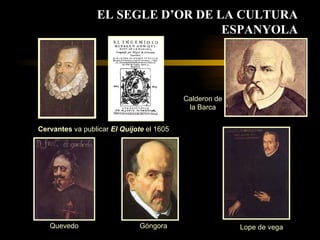 Cervantes  va publicar  El Quijote  el 1605 Calderon de la Barca Quevedo Góngora Lope de vega EL SEGLE D’OR DE LA CULTURA ESPANYOLA 