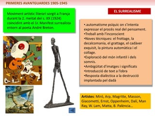 PRIMERES AVANTGUARDES 1905-1945

                                                                EL SURREALISME
Moviment artístic literari sorgit a França
durant la 2. meitat del s. XX (1924)
coincidint amb el 1r. Manifest surrealista    •.automatisme psíquic on s’intenta
entorn al poeta André Breton.                 expressar el procés real del pensament.
                                              •Treball amb l’inconscient
                                              •Noves tècniques: el frottage, la
                                              decalcomania, el grattage, el cadàver
                                              exquisit, la pintura automàtica i el
                                              collage.
                                              •Exploració del món infantil i dels
                                              somnis.
                                              •Ambigüitat d’imatges i significats
                                              •Introducció de text a l’obra
                                              •Resposta dialèctica a la destrucció
                                              implantada pel dadà



                                             Artistes: Miró, Arp, Magritte, Masson,
                                             Giacometti, Ernst, Oppenheim, Dalí, Man
                                             Ray, W. Lam, Matta, B. Palència…
 