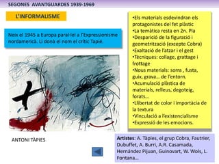 SEGONES AVANTGUARDES 1939-1969

   L’INFORMALISME                                       •Els materials esdevindran els
                                                        protagonistes del fet plàstic
                                                        •La temàtica resta en 2n. Pla
Neix el 1945 a Europa paral·lel a l’Expressionisme      •Desparició de la figuració i
nordamericà. Li donà el nom el crític Tapié.            geometrització (excepte Cobra)
                                                        •Exaltació de l’atzar i el gest
                                                        •Tècniques: collage, grattage i
                                                        frottage
                                                        •Nous materials: sorra , fusta,
                                                        guix, grava… de l’entorn.
                                                        •Acumulació plàstica de
                                                        materials, relleus, degoteig,
                                                        forats…
                                                        •Llibertat de color i importàcia de
                                                        la textura
                                                        •Vinculació a l’existencialisme
                                                        •Expressió de les emocions.


 ANTONI TÀPIES                                   Artistes: A. Tàpies, el grup Cobra, Fautrier,
                                                 Dubuffet, A. Burri, A.R. Casamada,
                                                 Hernández Pijuan, Guinovart, W. Wols, L.
                                                 Fontana…
 