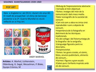 SEGONES AVANTGUARDES 1939-1969

   POP ART                                          •Rebuig de l’expressionisme abstracte
                                                    i tornada al món objectual.
                                                    •Temes: imatges del món de la
Neix a Anglaterra i als EEUU. durant els anys 60.
                                                    comunicació i dels mass media.
El nivell de prosperitat i el clima de benestar     •Valor iconogràfic de la societat de
posterior a la 2ª. Guerra Mundial es veurà          consum
reflectit en el Pop Art.                            •L’art vist com a obra no única sinó
                                                    reproduible i com a objecte de
                                                    consum.
                                                    •Importància de la fotografia en
                                                    detriment de les tècniques
                                                    tradicionals.
                                                    •Ús del collage i del fotomuntatge,de
                                                    la litografia i de la serigrafia.
                                                    •Llenguatge figuratiu però no
                                                    descriptiu.
                                                    •Inexpressivitat.
                                                    •Temes: les grans ciutats, el còmic,
                                                    fotos, anuncis publicitaris, aliments
                          ANDY WARHOL               de consum…
Artistes: A. Warhol, Lichtenstein,                  •Formes i figures a gran escala
Oldenburg, G. Segal, Wesselman, P. Blake,           •Colors purs i brillants inspirats amb
                                                    els de consum.
Equipo Crònica, M
 