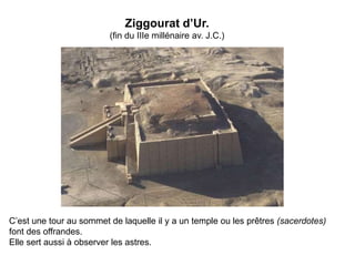 Ziggourat d’Ur.(fin du IIIe millénaire av. J.C.)C’est une tour au sommet de laquelle il y a un temple ou les prêtres (sacerdotes)font des offrandes.Elle sert aussi à observer les astres.