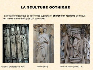 LA SCULTURE GOTHIQUE La sculpture gothique se libère des supports et  cherche un réalisme  de mieux en mieux maîtrisé ( drapés  par exemple). Chartres (Portail Royal, XII°) Reims (XIII°) Puits de Moïse (Sluter, XV°) 