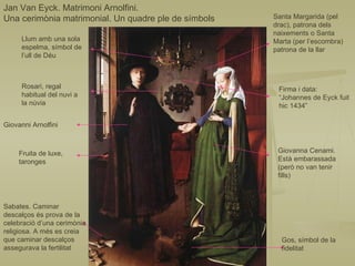 Santa Margarida (pel drac), patrona dels naixements o Santa Marta (per l’escombra) patrona de la llar Firma i data: “Johannes de Eyck fuit hic 1434” Giovanna Cenami. Està embarassada  (però no van tenir fills) Gos, símbol de la fidelitat Sabates. Caminar descalços és prova de la celebració d’una cerimònia religiosa. A més es creia que caminar descalços assegurava la fertilitat Giovanni Arnolfini Fruita de luxe, taronges Rosari, regal habitual del nuvi a la núvia Llum amb una sola espelma, símbol de l’ull de Déu Jan Van Eyck. Matrimoni Arnolfini.  Una cerimònia matrimonial. Un quadre ple de símbols 