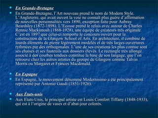  En Grande-BretagneEn Grande-Bretagne
 En Grande-Bretagne, l’Art nouveau prend le nom de Modern Style.En Grande-Bretagne, l’Art nouveau prend le nom de Modern Style.
L’Angleterre, qui avait ouvert la voie ne connaît plus guère d’affirmationL’Angleterre, qui avait ouvert la voie ne connaît plus guère d’affirmation
de nouvelles personnalités vers 1890, exception faite pour Aubrayde nouvelles personnalités vers 1890, exception faite pour Aubray
Beardsley (1872-1898). L’Ecosse prend le relais avec autour de CharlesBeardsley (1872-1898). L’Ecosse prend le relais avec autour de Charles
Rennie Mackintosh (1868-1928), une équipe de créateurs très originale.Rennie Mackintosh (1868-1928), une équipe de créateurs très originale.
C’est en 1897 que celui-ci remporte le concours ouvert pour laC’est en 1897 que celui-ci remporte le concours ouvert pour la
construction de la Glasgow School of Arts. En architecture, il combine deconstruction de la Glasgow School of Arts. En architecture, il combine de
lourds éléments de pierre légèrement modelés et de très larges ouvertureslourds éléments de pierre légèrement modelés et de très larges ouvertures
rythmées par des orthogonales. L’une de ses créations les plus connue sontrythmées par des orthogonales. L’une de ses créations les plus connue sont
ses chaises et ses fauteuils aux dossiers élevés. Le rectangle très allongéses chaises et ses fauteuils aux dossiers élevés. Le rectangle très allongé
associé à des courbes tendues constitue la base de son langage, que l’onassocié à des courbes tendues constitue la base de son langage, que l’on
retrouve chez les autres artistes du groupe de Glasgow comme Talvinretrouve chez les autres artistes du groupe de Glasgow comme Talvin
Morris ou Margaret et Frances Macdonald.Morris ou Margaret et Frances Macdonald.
 En EspagneEn Espagne
 En Espagne, le mouvement dénommé Modernisimo a été principalementEn Espagne, le mouvement dénommé Modernisimo a été principalement
représenté par Antonio Gaudi (1851-1926).représenté par Antonio Gaudi (1851-1926).
 Aux États-unisAux États-unis
 Aux Etats-Unis, le principal artiste est Louis Comfort Tiffany (1848-1933),Aux Etats-Unis, le principal artiste est Louis Comfort Tiffany (1848-1933),
qui est à l’origine de vases et d’abat-jour colorés.qui est à l’origine de vases et d’abat-jour colorés.
 