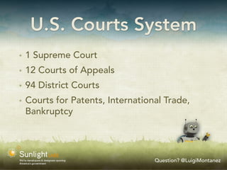U.S. Courts System
✴   1 Supreme Court
✴   12 Courts of Appeals
✴   94 District Courts
✴   Courts for Patents, International Trade,
    Bankruptcy




                                   Question? @LuigiMontanez
 