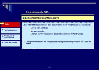 II. La rupture du CDI ...
Le licenciement pour faute grave
Règle
Les fautes graves
Procédures de
licenciement
■ Est interdit le licenciement d'un salarié sans motif valable sauf si celui-ci est :
■ lié à son aptitude
■ à sa conduite
■ fondé sur les nécessités de fonctionnement de l'entreprise
Droits des parties
■ Le licenciement dans les cas précités est régi par lesdispositions du Code du
travail
■11
311
 