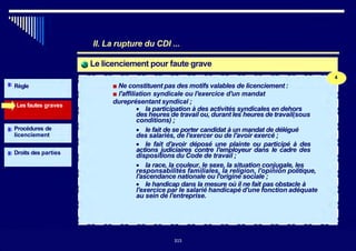II. La rupture du CDI ...
Le licenciement pour faute grave
4
■ Ne constituent pas des motifs valables de licenciement :
■ l'affiliation syndicale ou l'exercice d'un mandat
dureprésentant syndical ;
Les fautes graves
Règle
• la participation à des activités syndicales en dehors
des heures de travail ou, durant les heures de travail(sous
conditions) ;
• le fait de se porter candidat à un mandat de délégué
des salariés, de l'exercer ou de l'avoir exercé ;
• le fait d'avoir déposé une plainte ou participé à des
actions judiciaires contre l'employeur dans le cadre des
dispositions du Code de travail ;
• la race, la couleur, le sexe, la situation conjugale, les
responsabilités familiales, la religion, l'opinion politique,
l'ascendance nationale ou l'origine sociale ;
• le handicap dans la mesure où il ne fait pas obstacle à
l'exercice par le salarié handicapé d'une fonction adéquate
au sein de l'entreprise.
Procédures de
licenciement
Droits des parties
315315
 