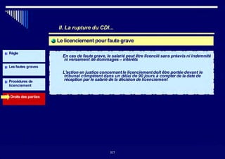 Le licenciement pour faute grave
Règle
II. La rupture du CDI...
~ En cas de faute grave, le salarié peut être licencié sans préavis ni indemnité
ni versement de dommages – intérêts
~ L'action en justice concernant le licenciement doit être portée devant le
tribunal compétent dans un délai de 90 jours à compter de la date de
réception par le salarié de la décision de licenciement
Les fautes graves
Procédures de
licenciement
Droits des parties
317317
 