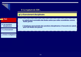 II. La rupture du CDI...
Le licenciement disciplinaire
Règle
~ Le salarié peut commettre des fautes autres que celles considérées comme
fautes graves
Les sanctions
disciplinaires ~ L’employeur peut prendre des sanctions disciplinaires à l’encontre du salarié
pour ces fautes non graves??
Le licenciement
Droits et obligations
319319
 