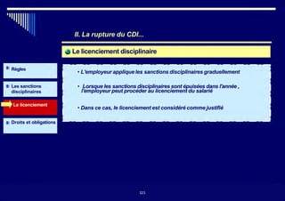 Le licenciement disciplinaire
Règles
II. La rupture du CDI...
• L'employeur applique les sanctions disciplinaires graduellement
• Lorsque les sanctions disciplinaires sont épuisées dans l'année ,
l'employeur peut procéder au licenciement du salarié
Les sanctions
disciplinaires
Le licenciement
• Dans ce cas, le licenciement est considéré comme justifié
Droits et obligations
321
321
 