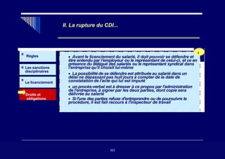 II. La rupture du CDI...
Le licenciement disciplinaire
1
Règles
Les sanctions
disciplinaires
Droits et
obligations
Le licenciement
• Avant le licenciement du salarié, il doit pouvoir se défendre et
être entendu par l'employeur ou le représentant de celui-ci, et ce en
présence du délégué des salariés ou le représentant syndical dans
l'entreprise qu'il choisit lui-même
• La possibilité de se défendre est attribuée au salarié dans un
délai ne dépassant pas huit jours à compter de la date de
constatation de l'acte qui lui est imputé
• un procès-verbal est à dresser à ce propos par l'administration
de l'entreprise, à signer par les deux parties, dont copie sera
délivrée au salarié
• Si l'une des parties refuse d'entreprendre ou de poursuivre la
procédure, il est fait recours à l'inspecteur de travail
322
322
 